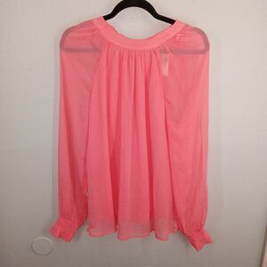 Old Navy Shirt Tall Medium Pink Tunic Sheer Button Up Cuff Long Sleeves Tie Neck
